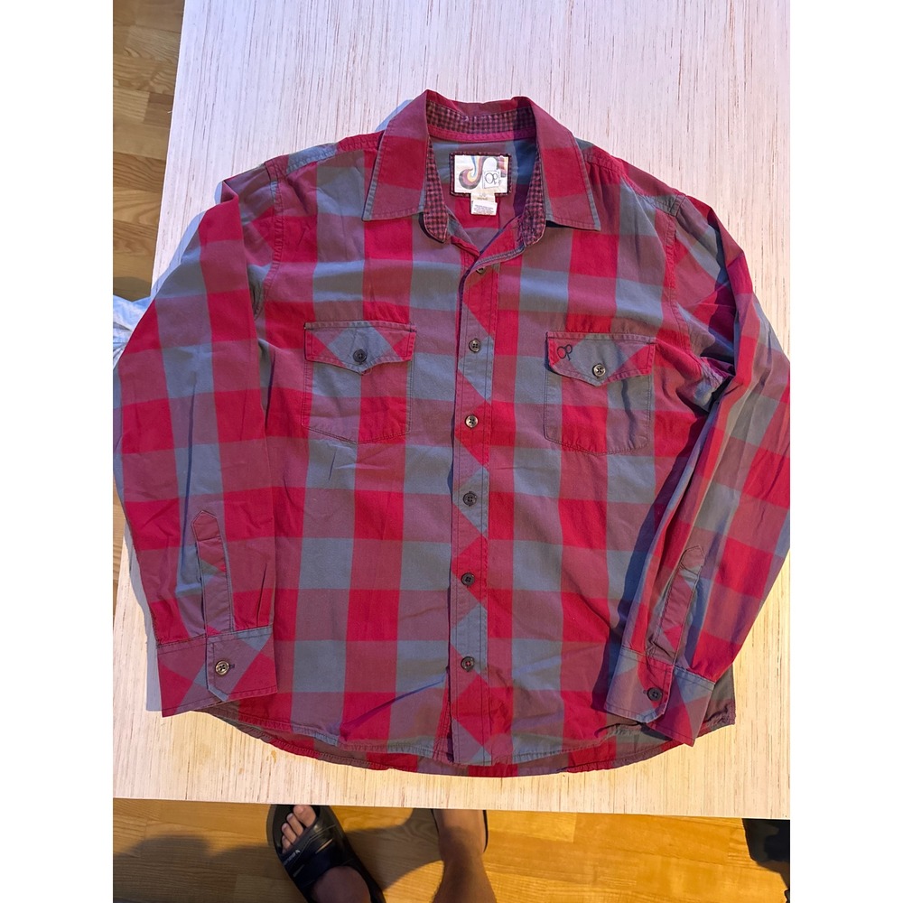 Ocean Pacific Mens Red Grey Buffalo Plaid Long Sleeve Button Down Shirt Large 28 - Picture 2 of 6